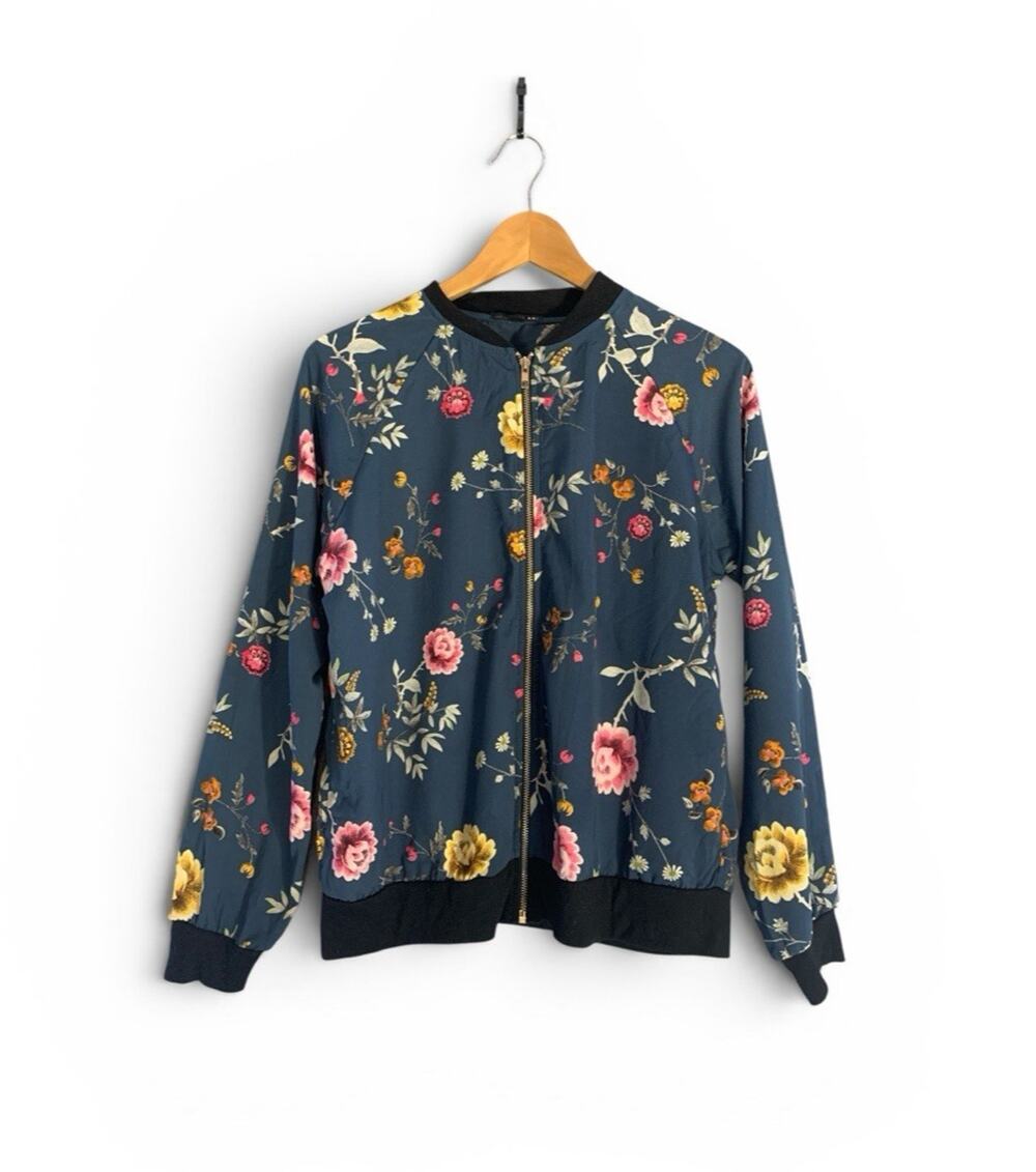 West Kei Jacket Womens Med Blue Floral All Over Print Full Zip Light Bomber Y2K